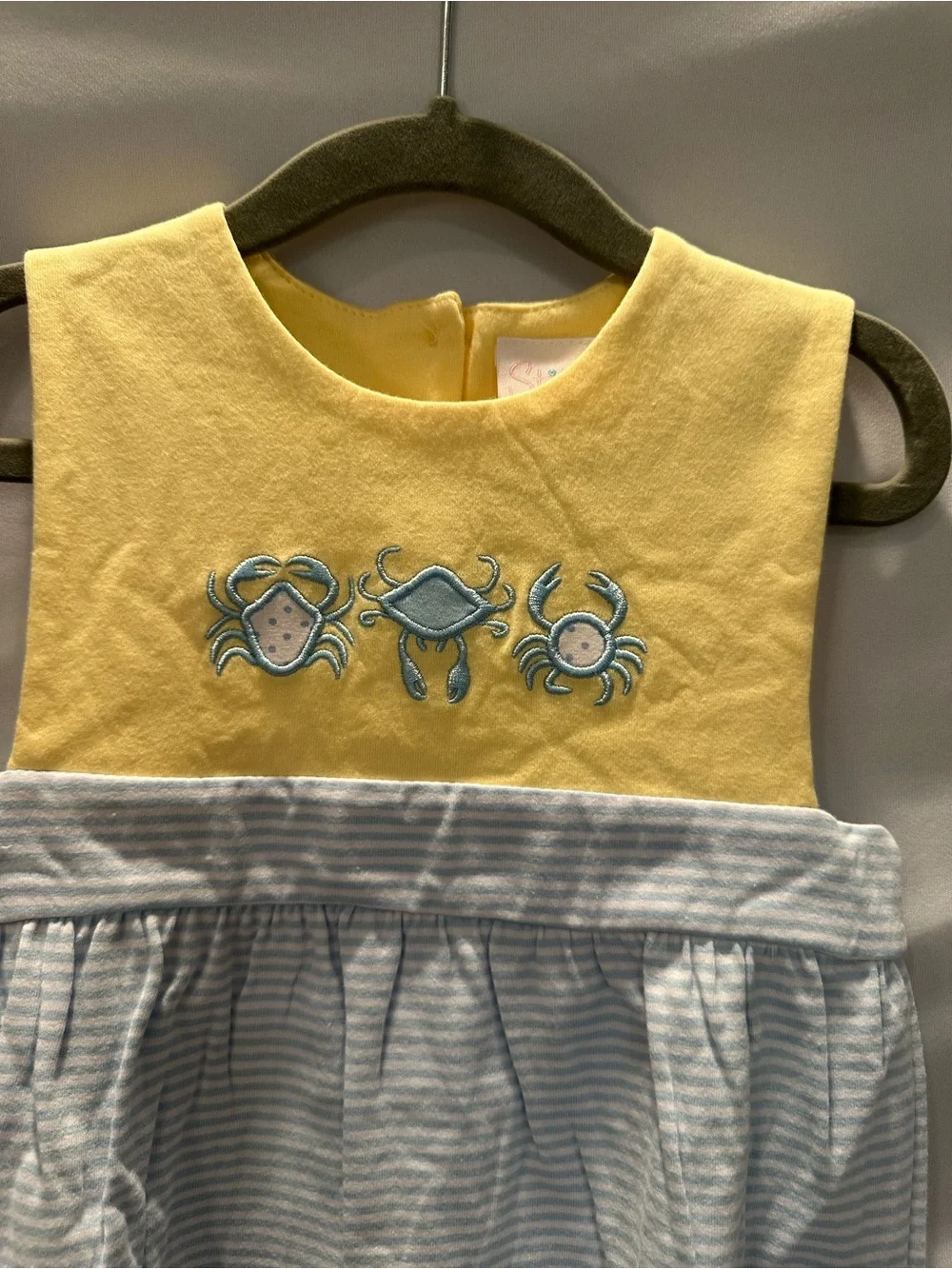 Yellow & Light Blue Crab Embroidered Baby One-Piece
